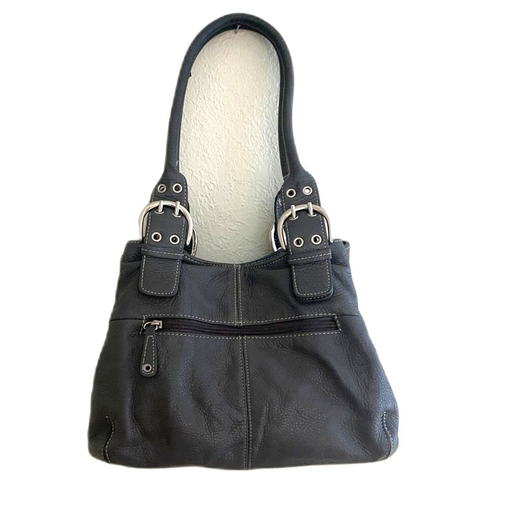 TIGNANELLO Medium Gray Pebbled Leather Shoulder Tote Satchel Purse Bag GUC